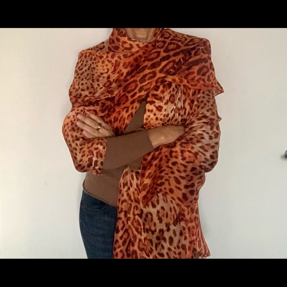 Silk scarf leopard print orange 74”by 44”, Italy - Picture 2 of 6